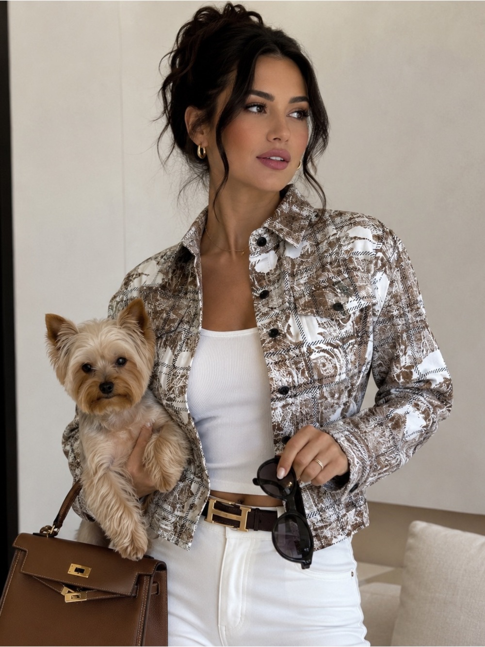 Zoya Brown Cream Tie Front Cropped Jacket Top XS/S